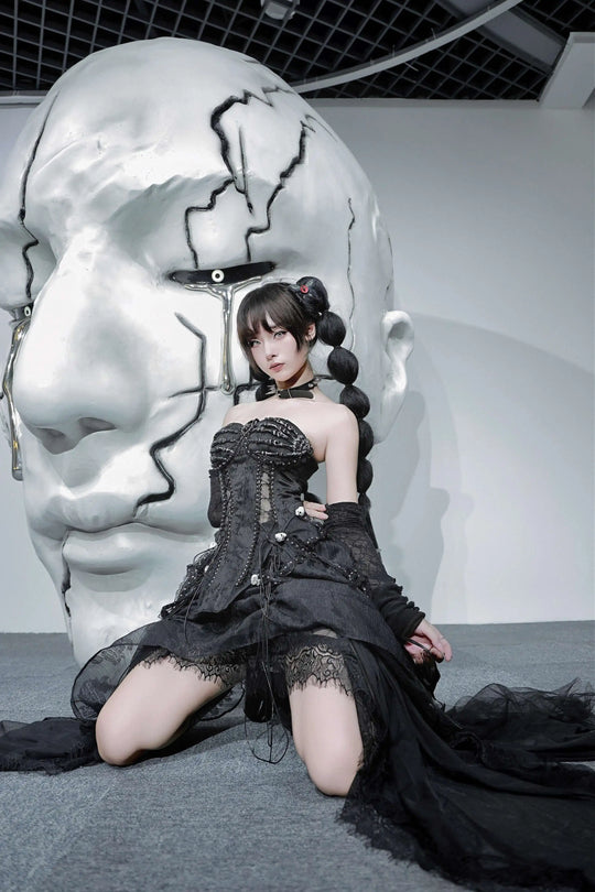 TDH Heavy Industries Handmade Pure Black Gothic Black Strap Drawstring Chest, Bird Cage, Affordable Bundle Body, Skincare Top