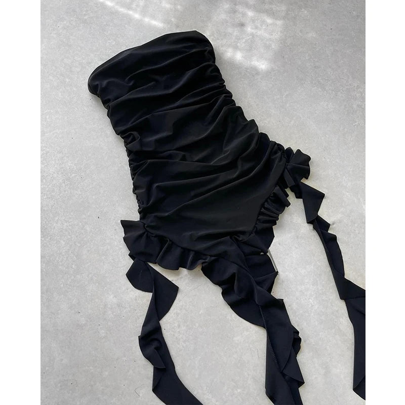 Women Strapless Sexy Floral Fold Hemline High Slit Mini Dress 2024