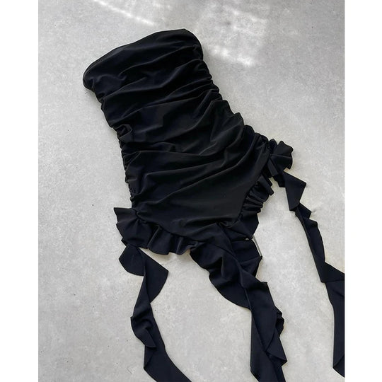 Women Strapless Sexy Floral Fold Hemline High Slit Mini Dress 2024