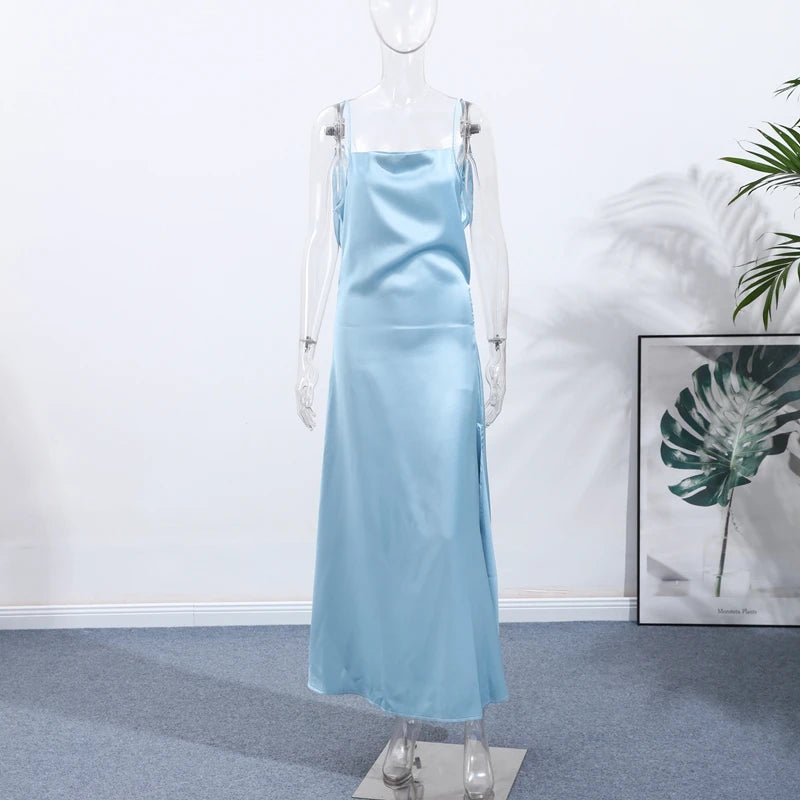 Elegant Split Women' s Dresses Solid Square Collar Backless Sleeveless Long Dress Female 2025 Summer Party Evening Robes