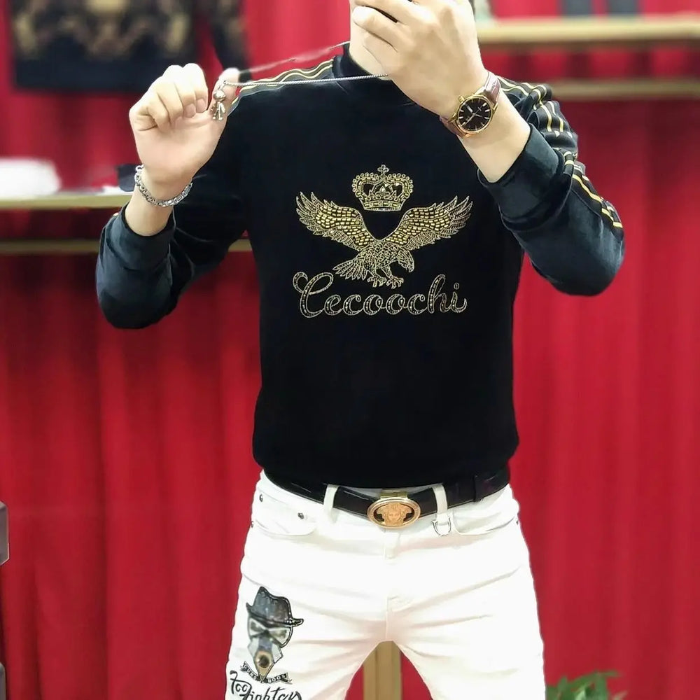 Men's Gold Velvet Plus Velvet Thickened Warm Base Shirt Trendy Diamond Webbing Fashion Top