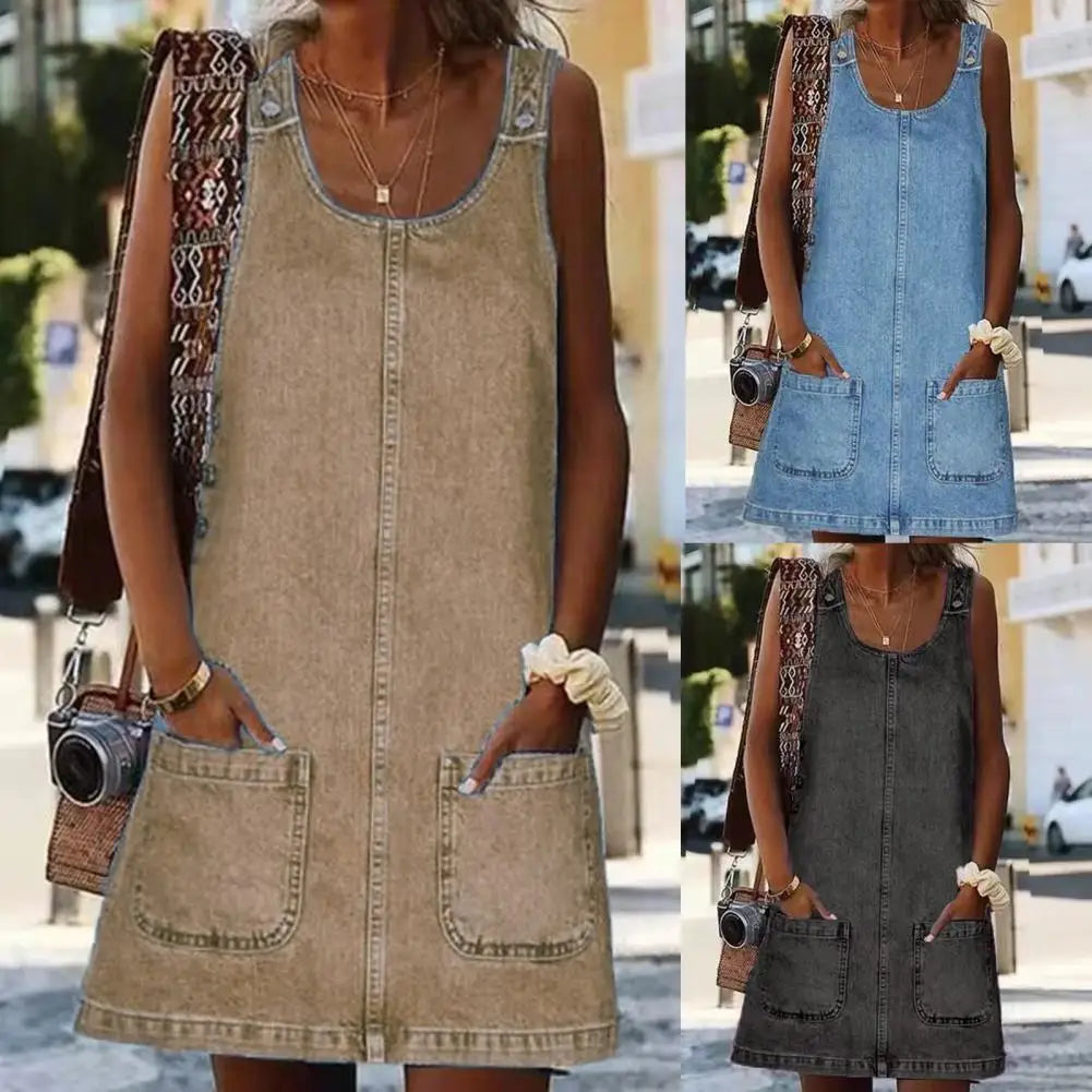 Fashion Faux Denim Dress Breathable Suspender Dress Skin-touch Pure