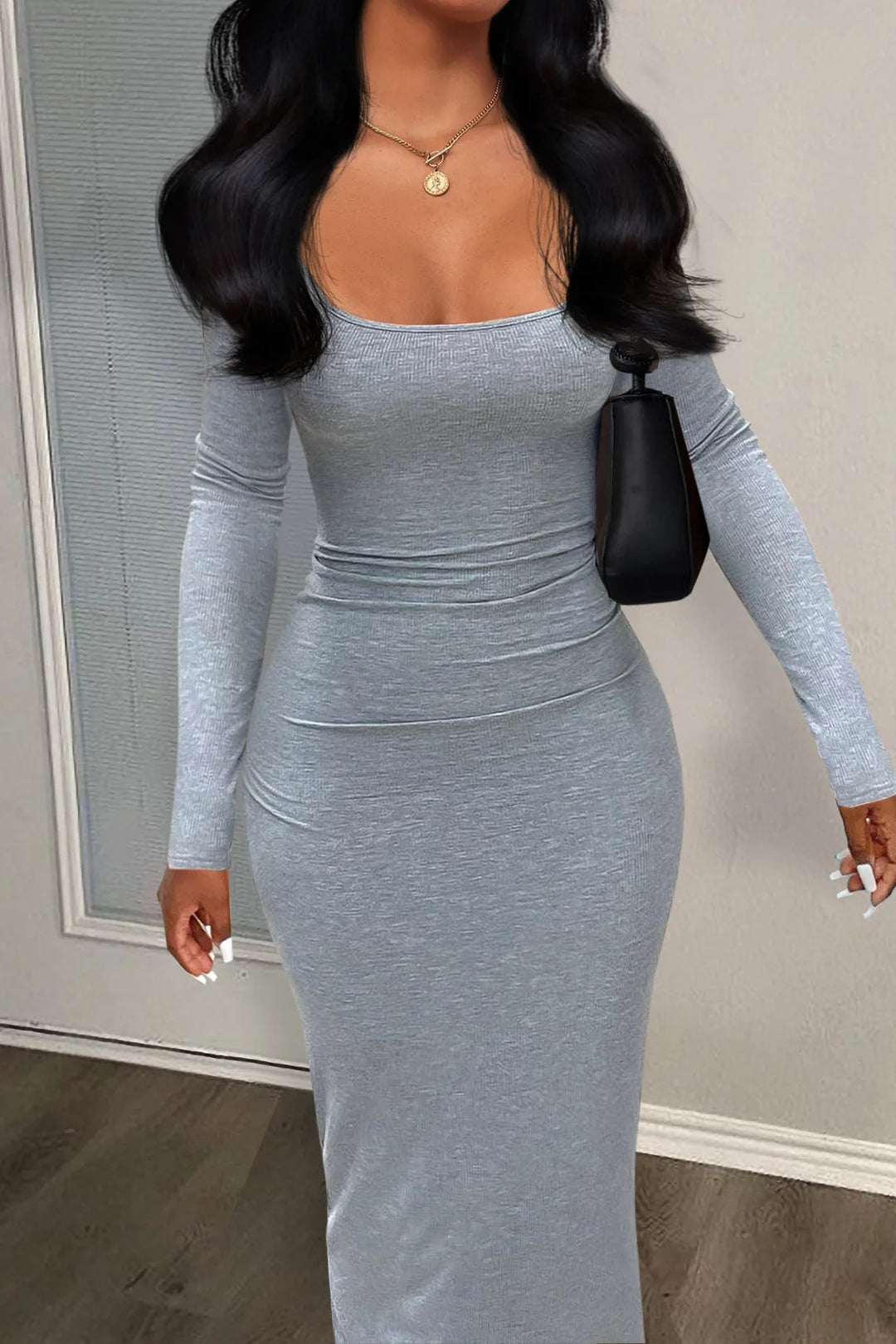 Women Dresses Long Sleeve Sheath Square Collar Slim Fit Dress Vestidos