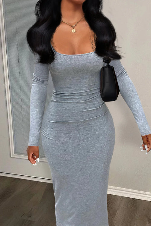 Women Dresses Long Sleeve Sheath Square Collar Slim Fit Dress Vestidos