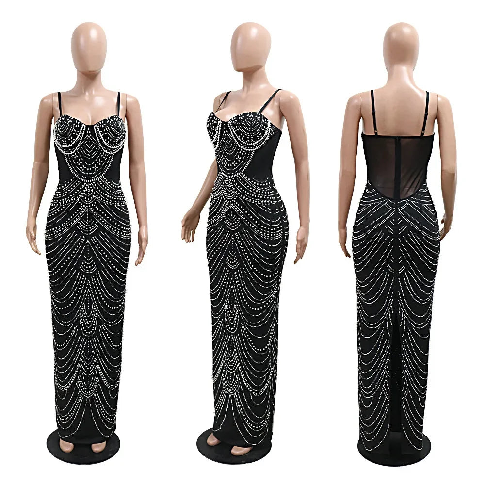 Women Diamonds Hot Rhinestones Pearl Strapless Bodycon Long Maxi Dress