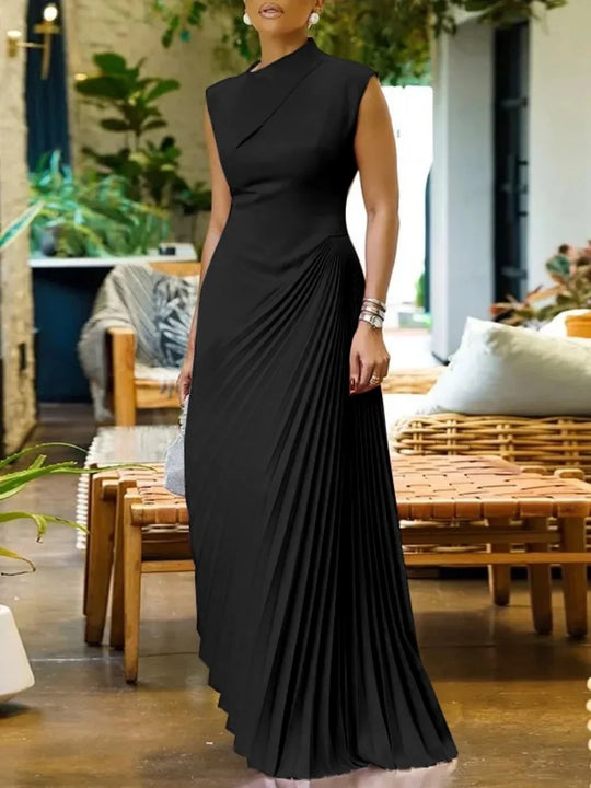 Women's Solid Color Sleeveless High Neck Party Dress High Waist Pleated Floor Length Graceful Evening Dresses