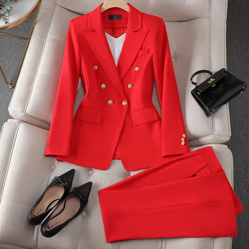 Fashion Office Ladies Formal Pant Suit Set Women Blue Pink Yellow