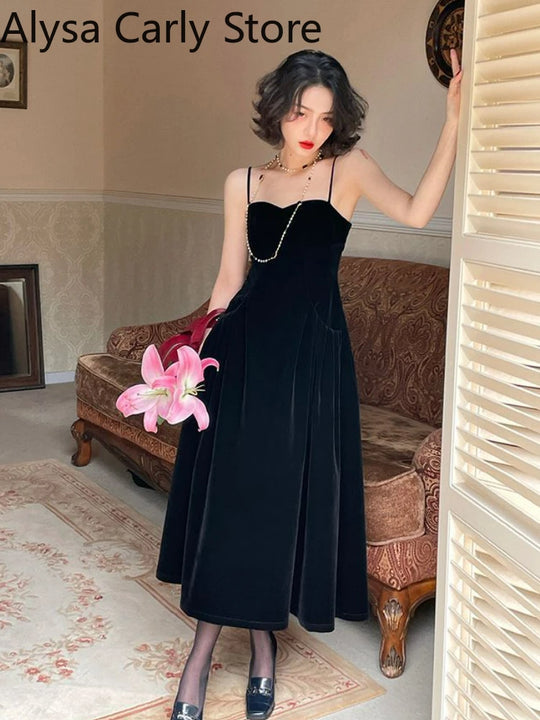 2022 Summer French Vintage Strap Dress Women Red Elegent Korean Party