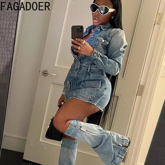 FAGADOER Fashion Button Long Sleeve Denim Mini Dress Women Turndown