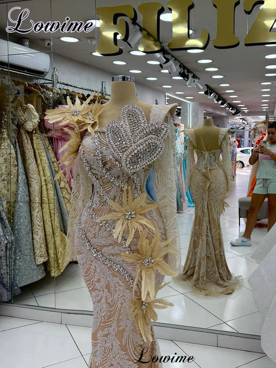 Vintage Champagne Prom Dresses Long Sleeves Evening Dresses With Crystals