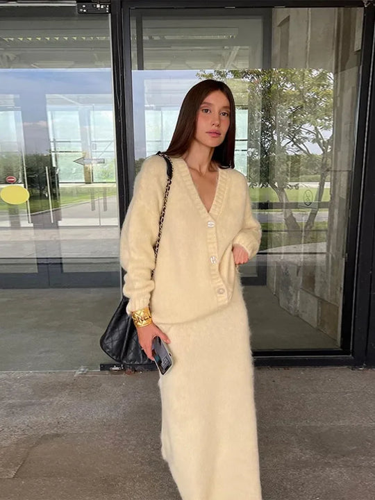 Elegant Solid Mohair Skirt Sets Women Autumn Knit V Neck Cardigan