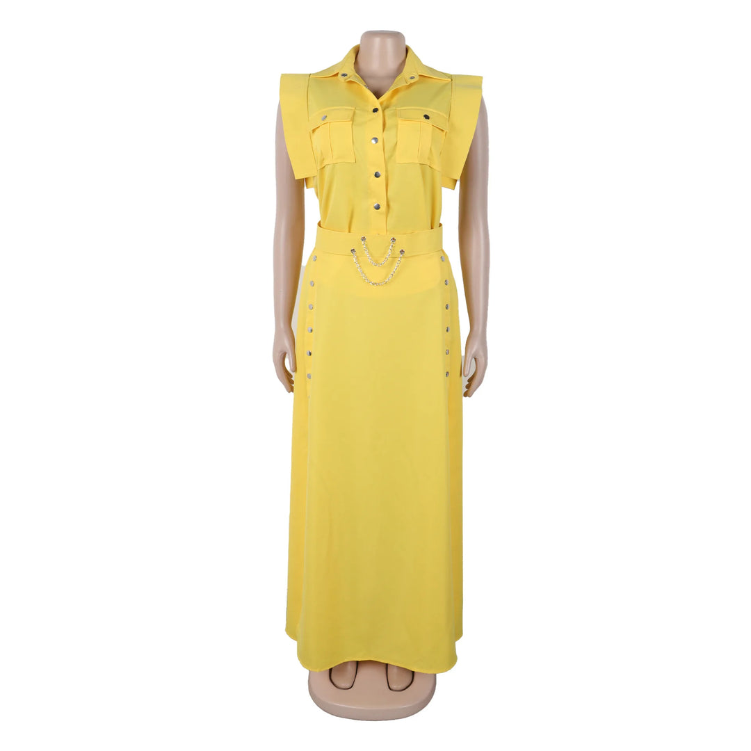 Women's Casual Solid Color Sleeveless Button Front Shirt Blouse and High Waist Big Swing Skirt 2pcs Set