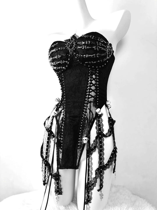 TDH Heavy Industries Handmade Pure Black Gothic Black Strap Drawstring Chest, Bird Cage, Affordable Bundle Body, Skincare Top