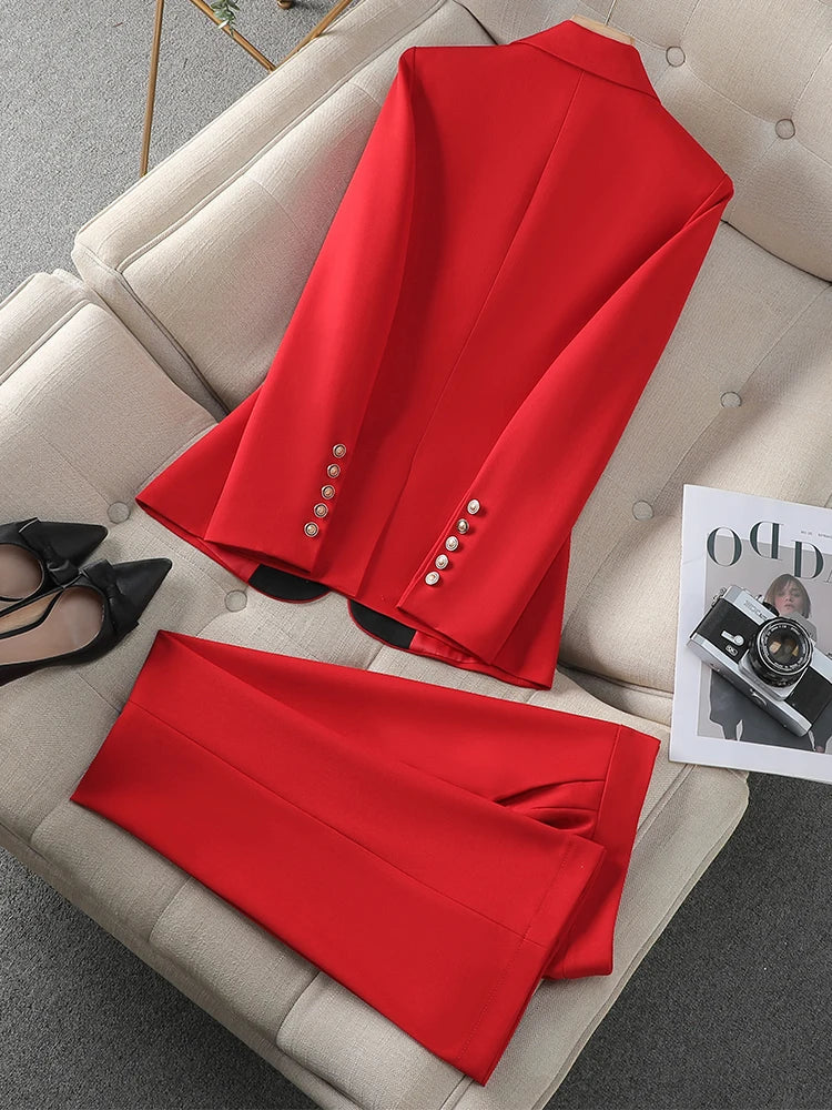 Fashion Red Black Beige Women Pant Suit 2 Piece Set Office Ladies