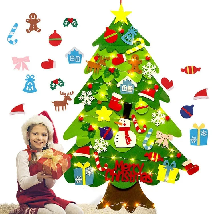 DIY Felt Christmas Tree Wall Hanging with LED String Lights for Kids