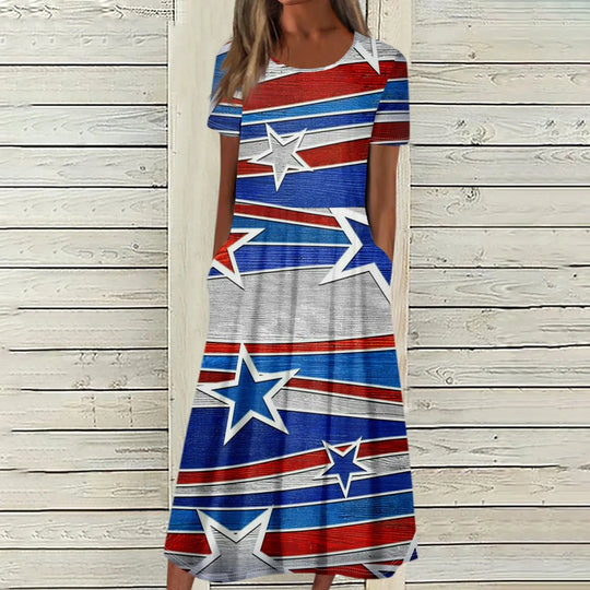 Women's Summer Dresses Casual Fashion Independence Day Printed Dress New Short Sleeved Round Neck Pocket Dress vestidos longos