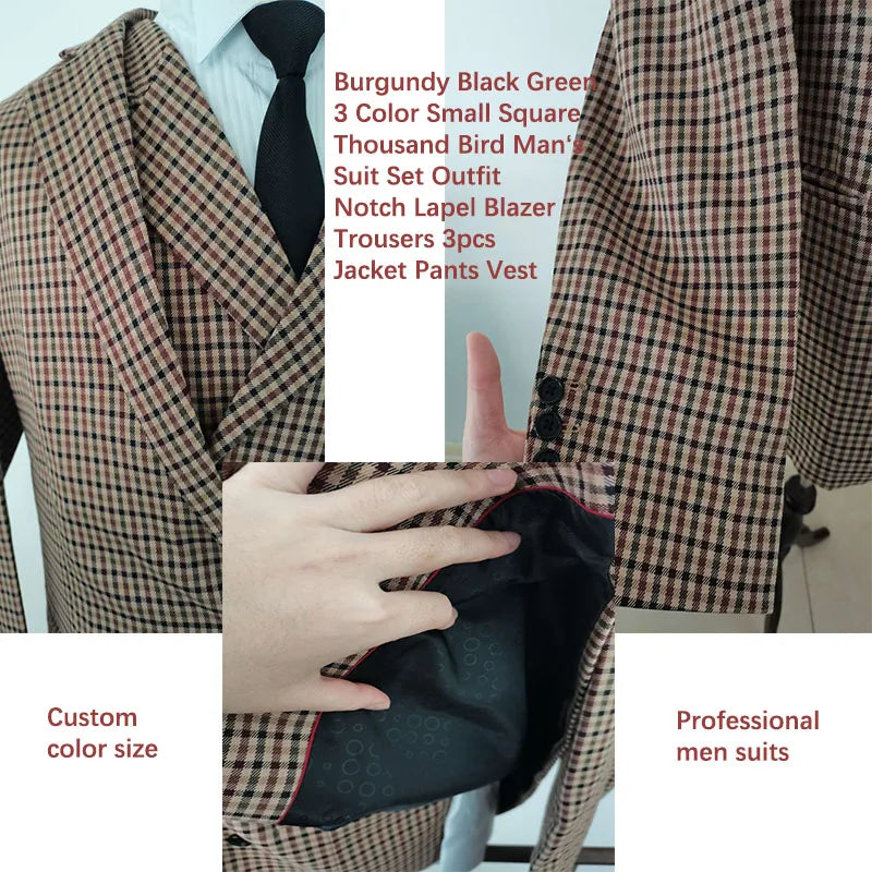 Burgundy Black Green 3 Color Small Square Thousand Bird Man‘s Suit Set Outfit Notch Lapel Blazer Trousers 3pcs Jacket Pants Vest