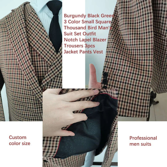Burgundy Black Green 3 Color Small Square Thousand Bird Man‘s Suit Set Outfit Notch Lapel Blazer Trousers 3pcs Jacket Pants Vest