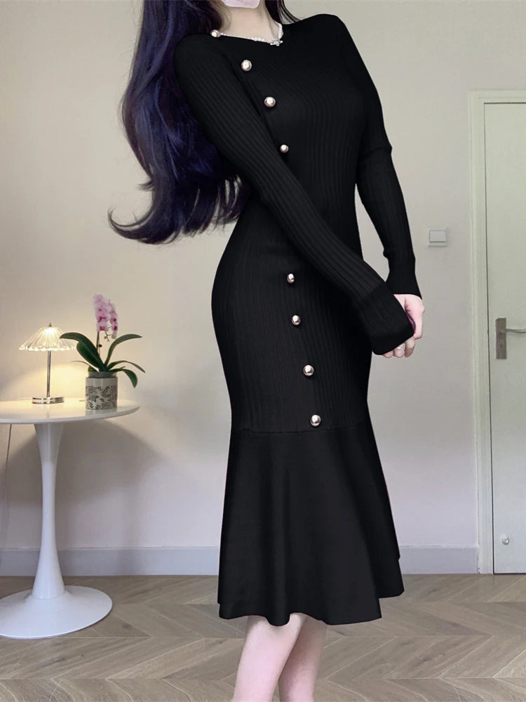 Korean Chic French Knitted Dress Women High Waist Fishtail Dresses