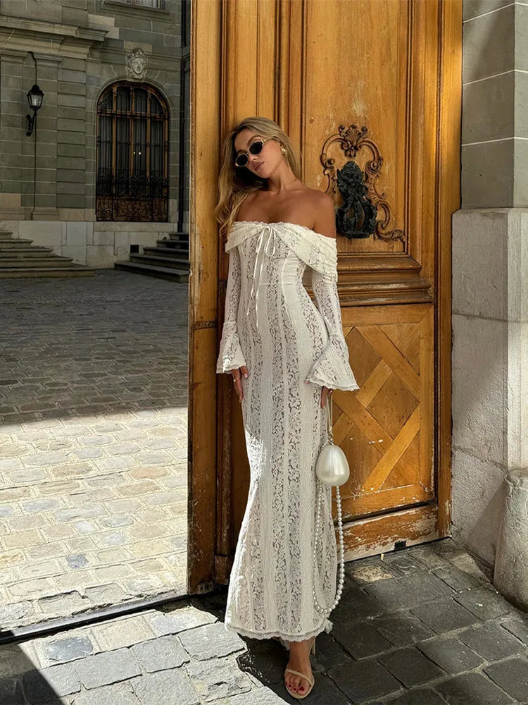 Lace Hollow Out One-shoulder Slim Long Dress For Women Solid Lace Up