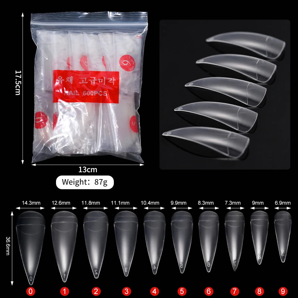600Pcs Curved Eagle Hook Shape Fake Nail Tips 10 Size Half Cover Acrylic False Nails Clear Natural Long Sharp Stiletto Nail Tips