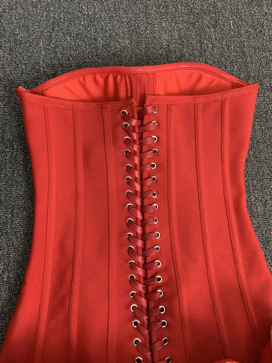 Women Red Evening Bandage Dress Hot Strapless Bodycon Flowers Hem