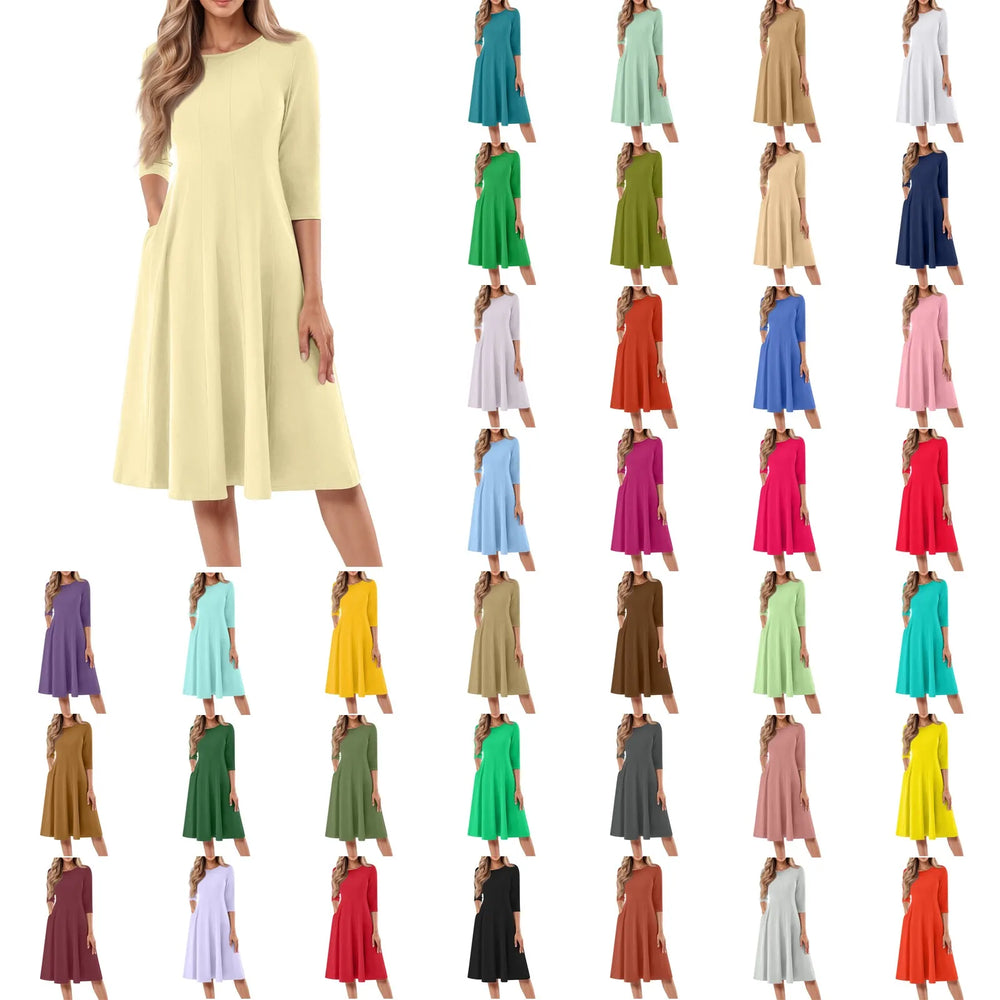 Long Sleeve T Shirt Dresses For Women Pockets Casual Loose Swing Dress Woman Casual Solid Color O-neck Long Sleeves Dress Robe