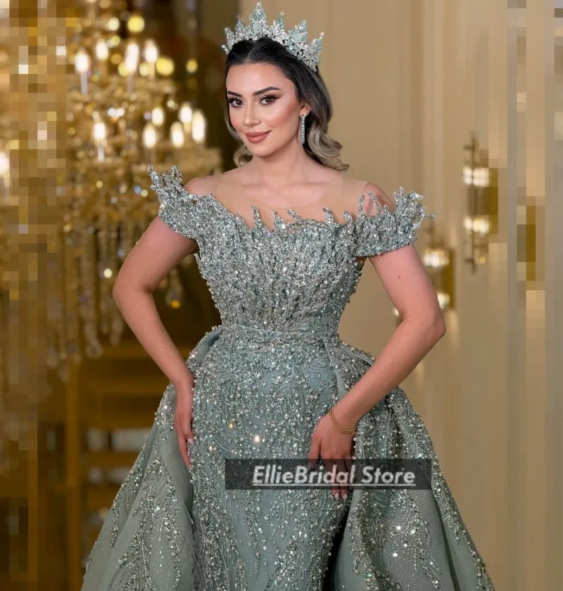 Luxurious Womens Evening Dresses For Special Occasions Arabic Dubai Wedding Party Dress Detachable Train Prom Gowns Customized