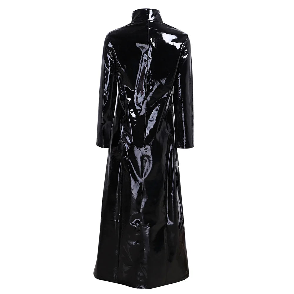 Wet Look PVC High Split Long Dress Shiny PU Leather Windbreaker Outwear Vestido Tights Performance Dresses Robe Faldas Jackets