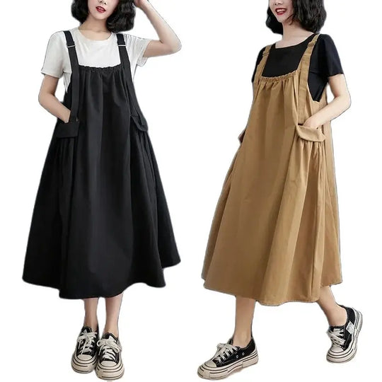 Female Dress Summer Mid-Length Loose Solid Color Pocket Swing Chic Casual Straps Dresses New Women Dress Vestidos Selling