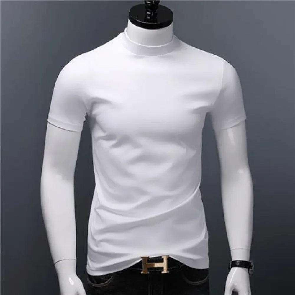 Men's Casual Turtleneck T-Shirts Short Sleeve Solid Slim Fit Silk High
