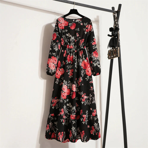 Spring Summer Women Maxi Dresses Casual Full Sleeve Floral Printed