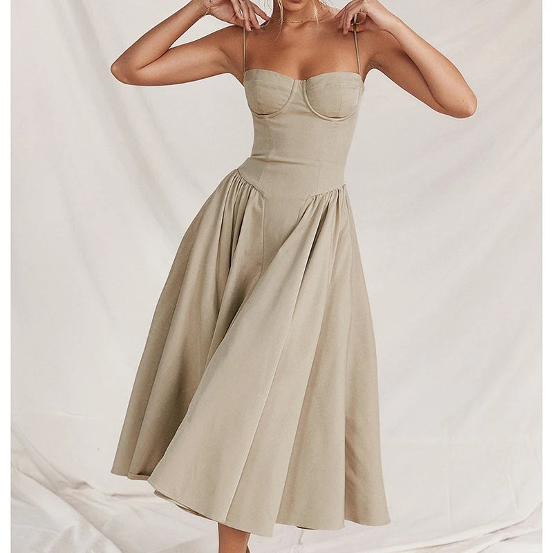 Elegant Spaghetti Strap Midi Dress Women Party Slim A Line Solid Suspender Lady Dresses New Spring Summer Fashion Sexy Vestidos