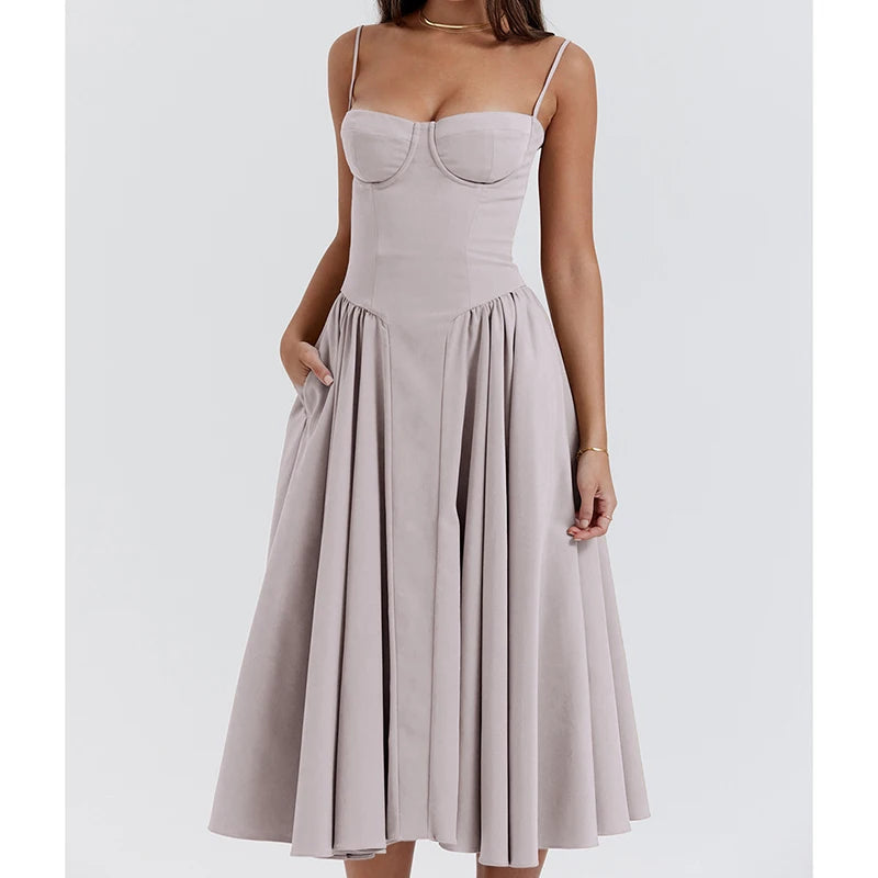 Elegant Spaghetti Strap Midi Dress Women Party Slim A Line Solid Suspender Lady Dresses New Spring Summer Fashion Sexy Vestidos