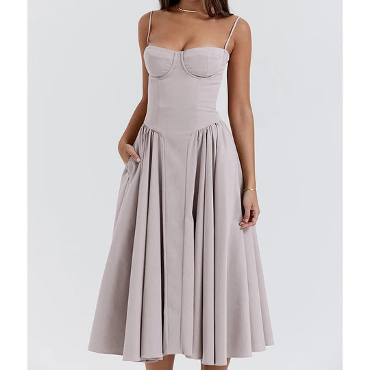 Elegant Spaghetti Strap Midi Dress Women Party Slim A Line Solid Suspender Lady Dresses New Spring Summer Fashion Sexy Vestidos