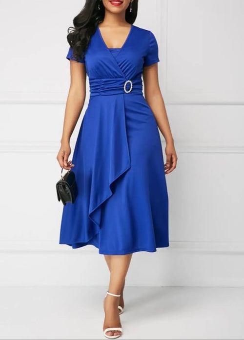 Summer Dresses Elegant Women Solid Color Short Sleeve V Neck
