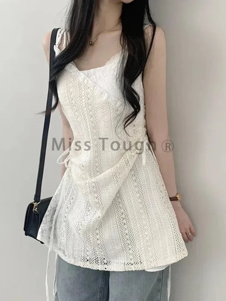 Summer Elegant New One Piece Dress Women Chic French Lace Sling Shirt