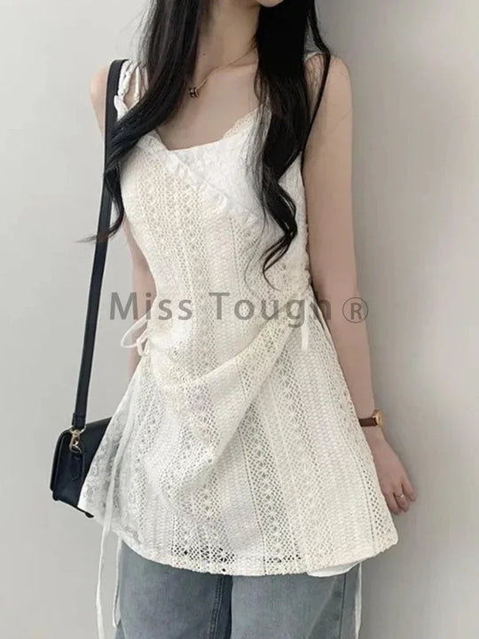 Summer Elegant New One Piece Dress Women Chic French Lace Sling Shirt