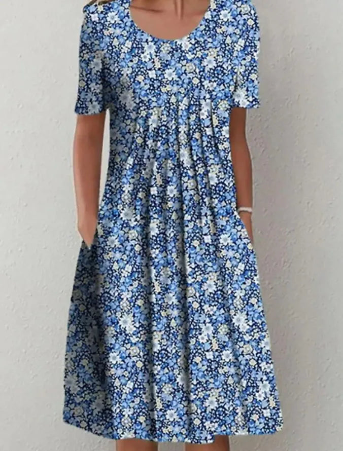 Summer Fashion Boho Floral Print Pocket Midi Dress For Women O Neck Short Sleeve Casual Loose Dress Female Women's Clothing