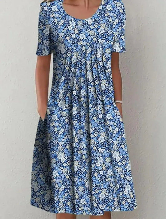 Summer Fashion Boho Floral Print Pocket Midi Dress For Women O Neck Short Sleeve Casual Loose Dress Female Women's Clothing