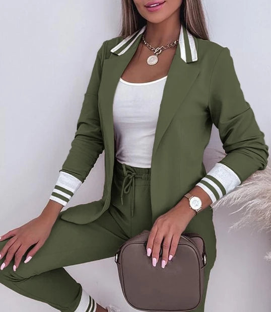 Women's Spring Double Breasted Blazer Office Pantsuit Striped Notched