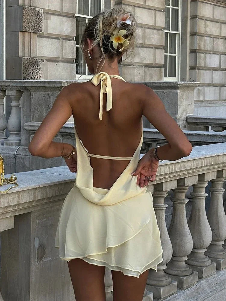 TARUXY Draped Sexy Backless Halter Mini Dress Women's Elegant See