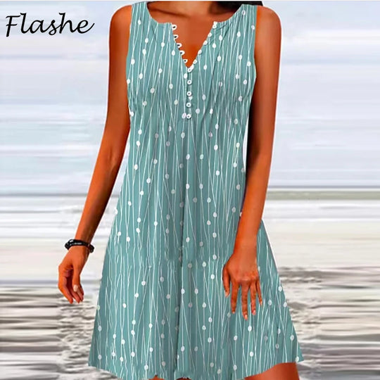 Summer Dress Women Sleeveless Button Dot Print Loose Dress Boho V Neck Casual Beach Holiday Dresses For Women