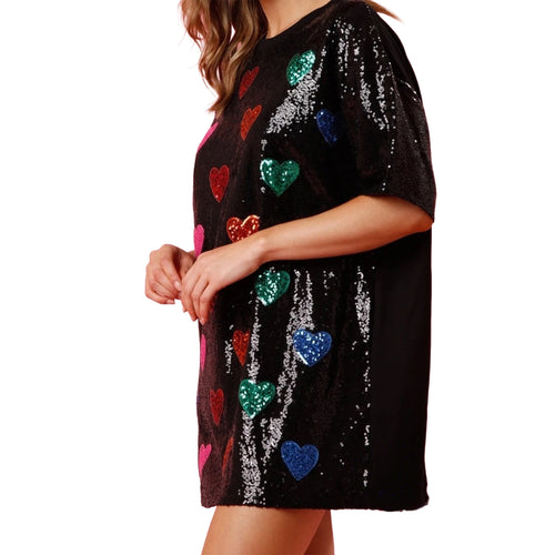 Women's Fashion Sequin Loose T-Shirt Dress Summer Short Sleeve Round
