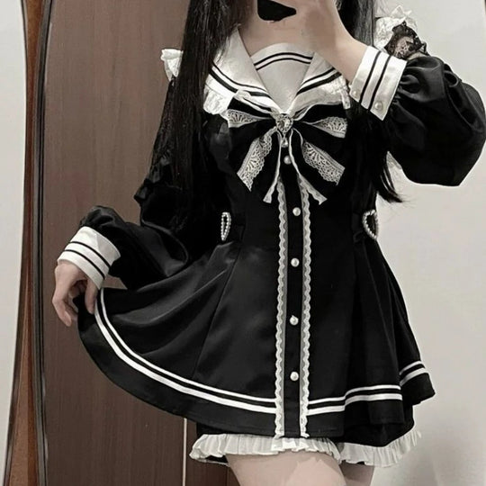 Japanese Style Gothic Y2k Lolita Bow Dress Shorts Set Women Vintage