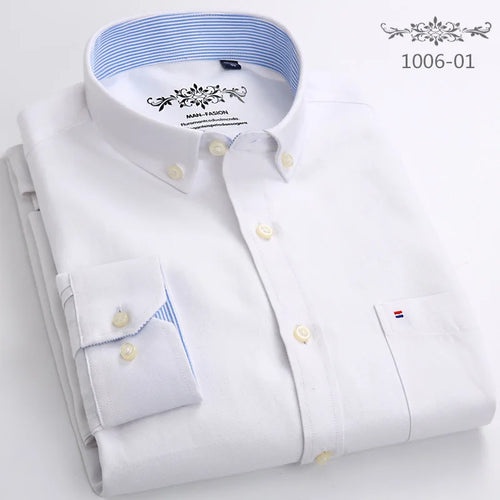 New Men's Long Sleeve Oxford PlaidStriped Casual Shirt Front Patch