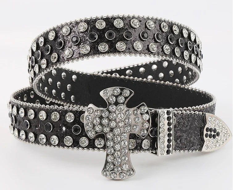 Glittering Rhinestone Belts Y2K Crystal Studded Belts For Men & Women Inspired Ice Belt BB With Cross Big Buckle