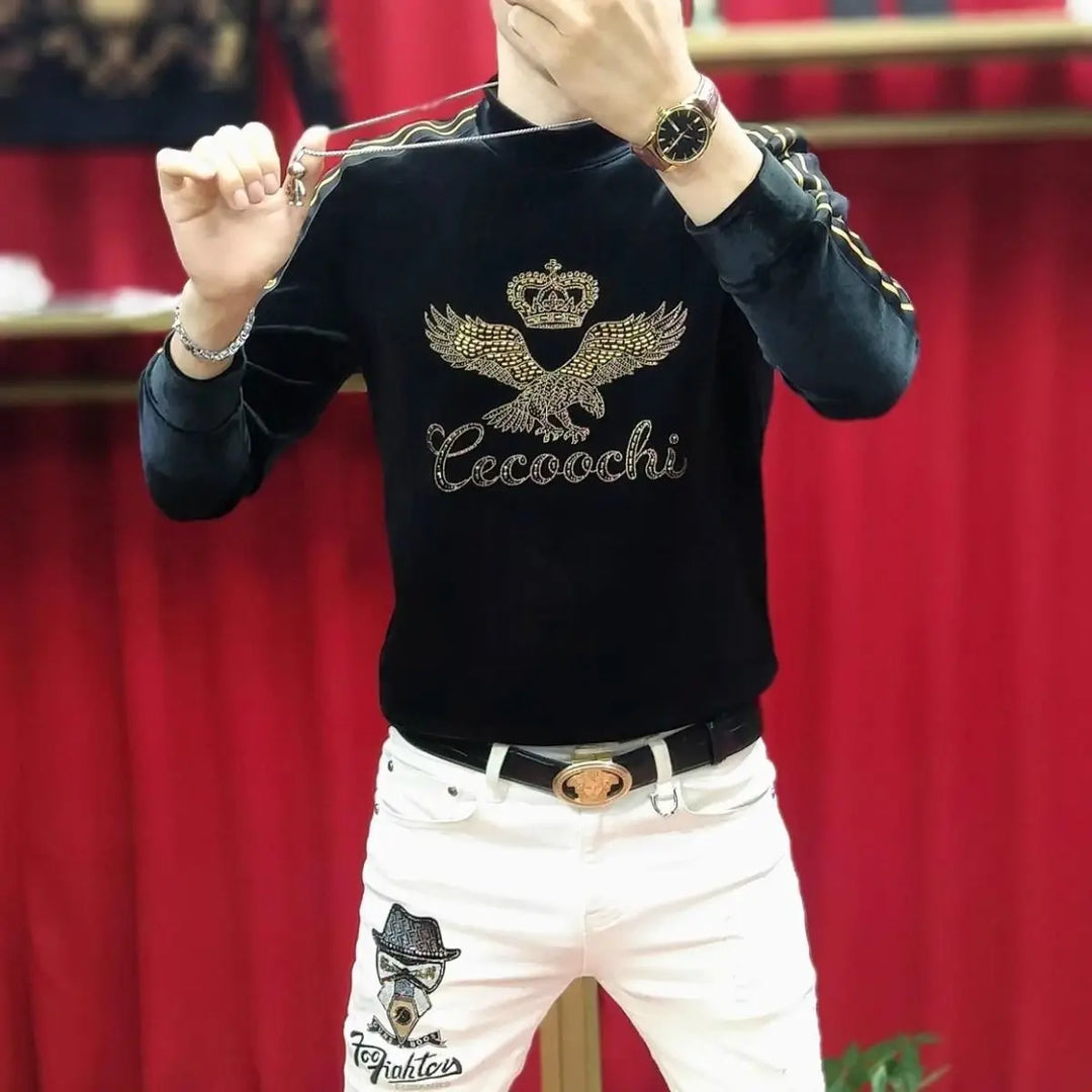 Men's Gold Velvet Plus Velvet Thickened Warm Base Shirt Trendy Diamond Webbing Fashion Top