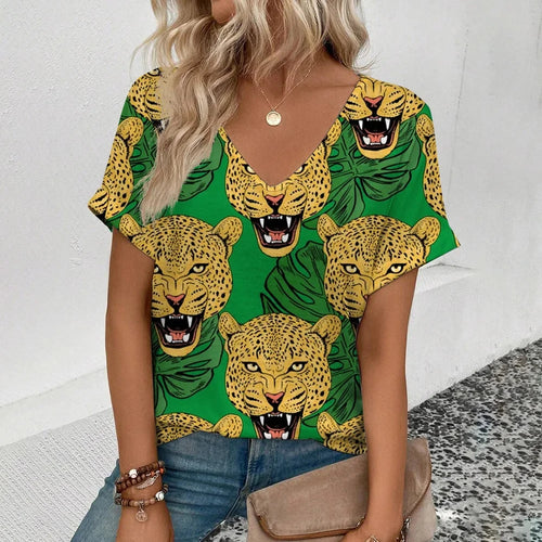Summer clothing V-neck sexy leopard print T-shirt animal pattern