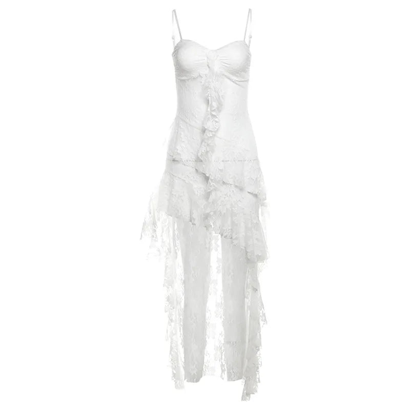 Women Dress Sexy Patchwork Mesh Strapless Irregular Waist Ruffled